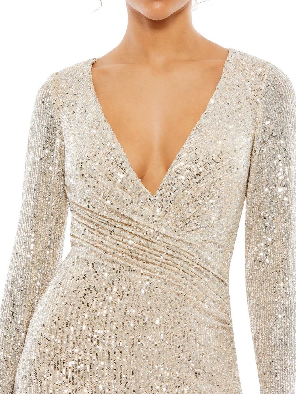 Mac Duggal Champagne Sequin Full Sleeve Column Silhouette Gown